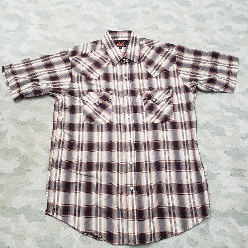 Plains Weatern Wear Shirt Mens Medium Multicolor Pockets Pearl Snap Short Sleeve